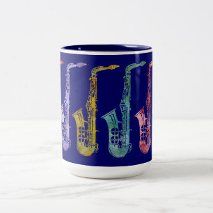 Rainbow Saxaphones on Blue Two-Tone Coffee Mug