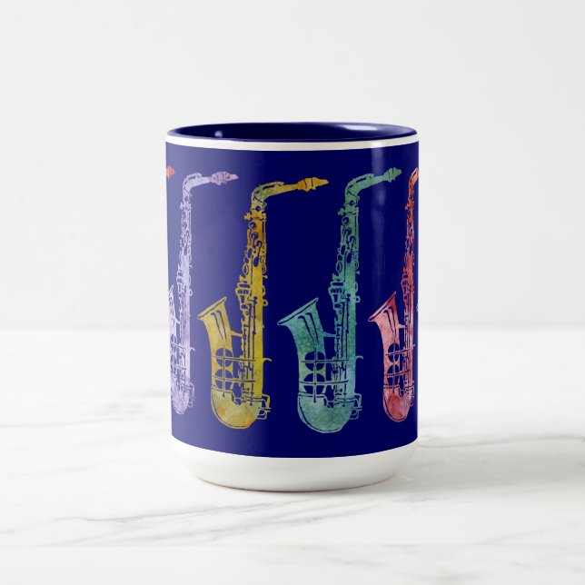 Rainbow Saxaphones on Blue Two-Tone Coffee Mug (Center)