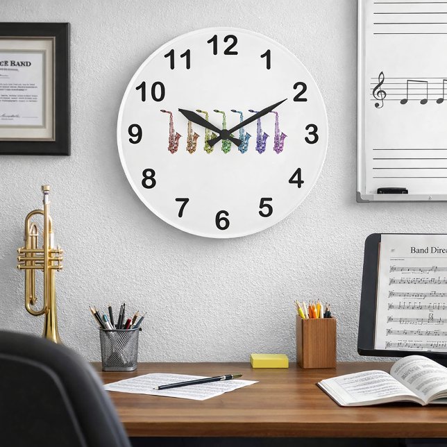 Rainbow Saxophone Colourful Jazz Instrument Large Clock (A wall clock with rainbow saxophones & black numbers.)