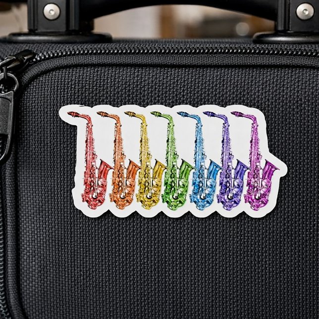 Rainbow Saxophone Colourful Lineup (A sticker with saxophones in red, orange, yellow, green, blue, purple & pink.)