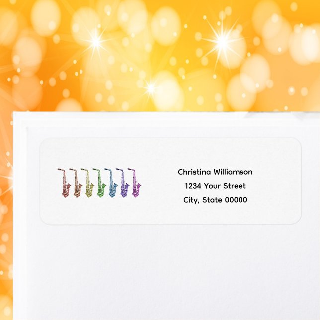 Rainbow Saxophone Colourful Personalise Return (A return address label with rainbow saxohones & text you can personalize.)