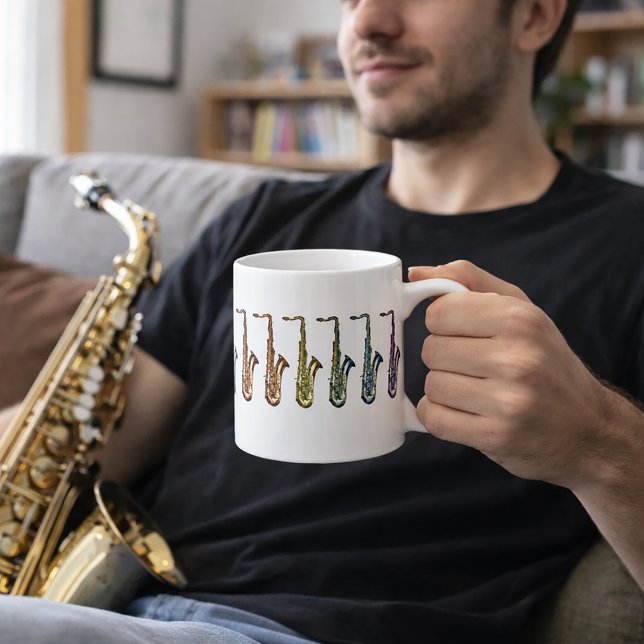Rainbow Saxophone Design for Sax Players  Coffee Mug (A mug with a rainbow lineup of saxophones.)