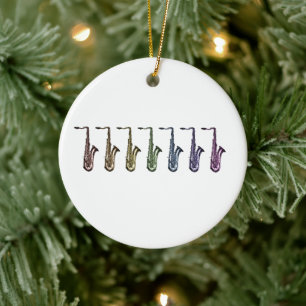 Rainbow Saxophone Lineup Art Colourful Music Lover Ceramic Tree Decoration