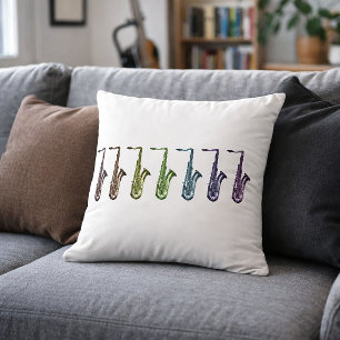 Rainbow Saxophones Music Art Colourful Saxophone Cushion