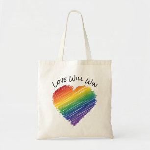 Rainbow scribble heart love wins tote bag