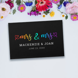 Rainbow Script Black Mrs & Mrs Lesbian Wedding Guest Book