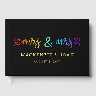 Rainbow Script Black Mrs & Mrs Lesbian Wedding Guest Book