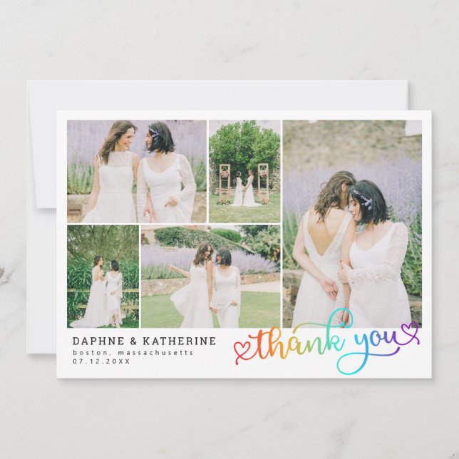 Rainbow Script Wedding Photo Collage Thank You (Front)