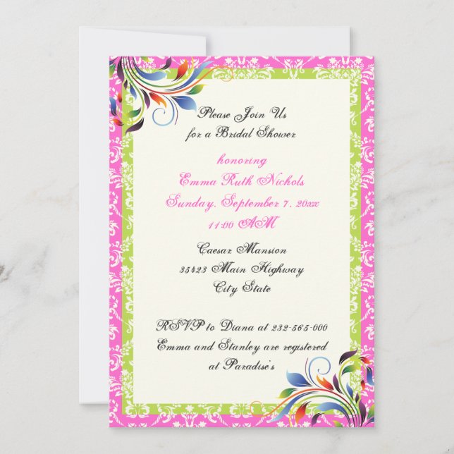 Rainbow scroll leaf damask wedding bridal shower invitation (Front)