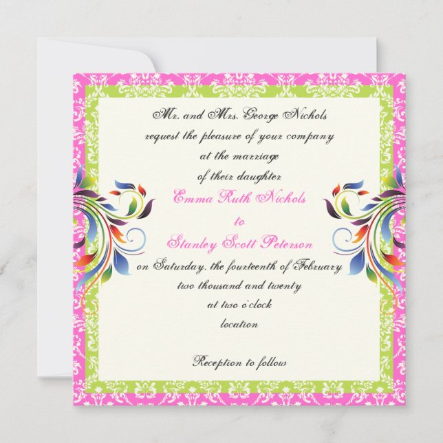 Rainbow scroll leaf damask wedding invitation (Front)