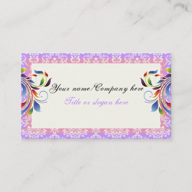 Rainbow scroll leaf purple pink damask borders business card (Front)