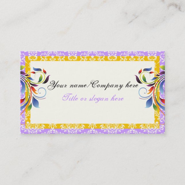 Rainbow scroll leaf yellow purple damask borders business card (Front)