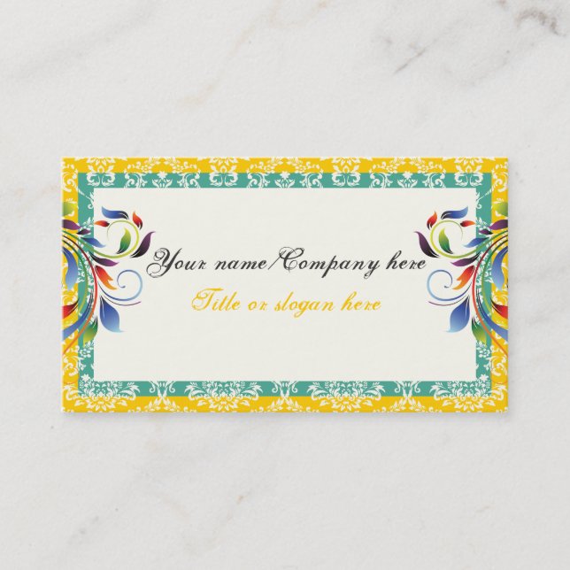 Rainbow scroll leaf yellow teal damask borders business card (Front)