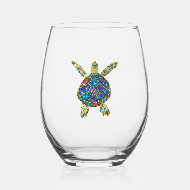 Rainbow Sea Turtle Stemless Wine Glass (Front)