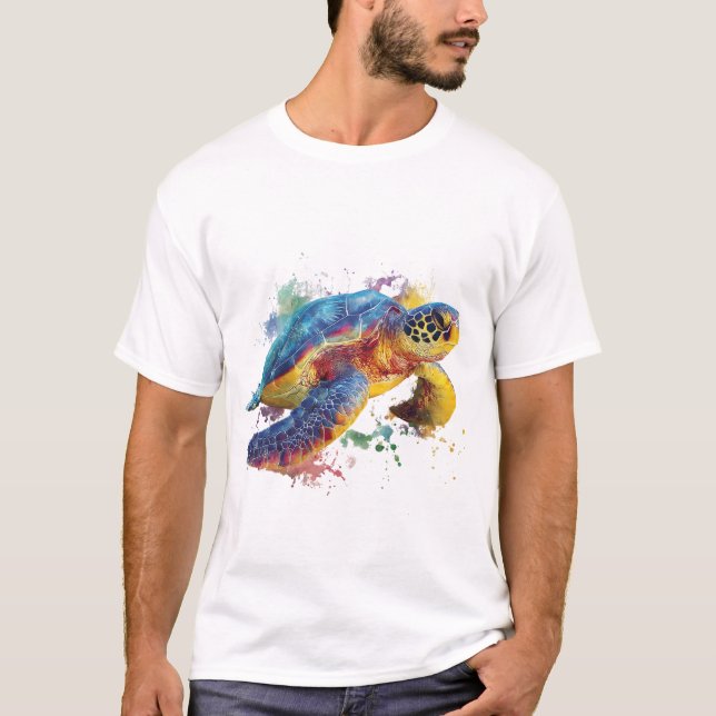 Rainbow Sea Turtle — Vibrant Watercolor-Style Spla T-Shirt (Front)