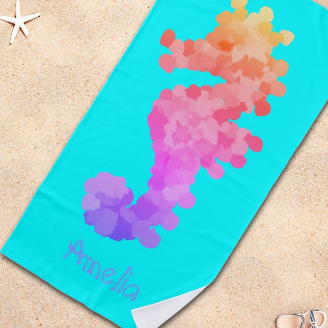 Rainbow Seahorse Personalised Beach Towel (It's time to get beach ready.)