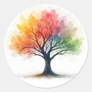 Rainbow Seasons Tree – Colourful Watercolor nature Classic Round Sticker