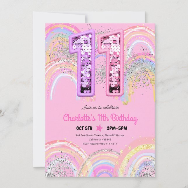 Rainbow Sequin Glitter 11th Birthday Invitation (Front)