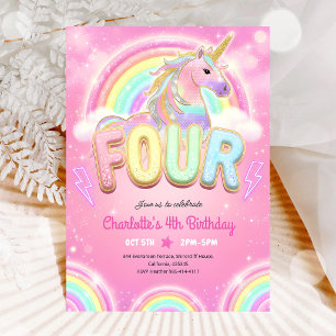 Rainbow Sequin Unicorn 4th Birthday Invitation