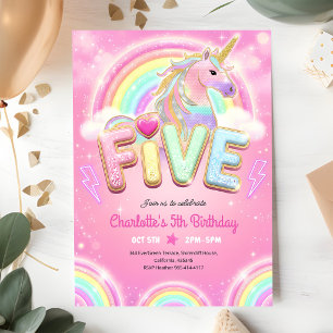 Rainbow Sequin Unicorn 5th Birthday Invitation