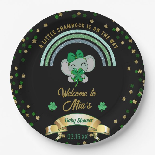 Rainbow Shamrock Elephant St Patrick Baby Shower P Paper Plate (Front)