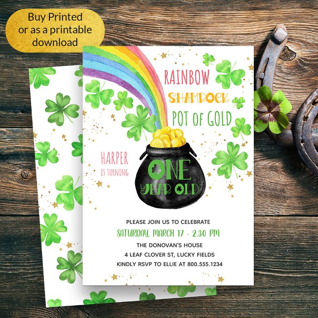 Rainbow Shamrock Pot of Gold 1st Birthday Invitation (Cute First Birthday St Patricks Themed Birthday Invitation)