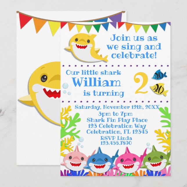 Rainbow Sharks Birthday Celebration Invitation (Front/Back)