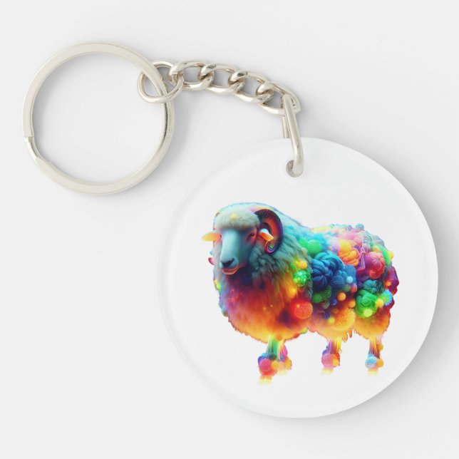 Rainbow Sheep Art – Glowing Colorful Wool, Fantasy Key Ring (Front)