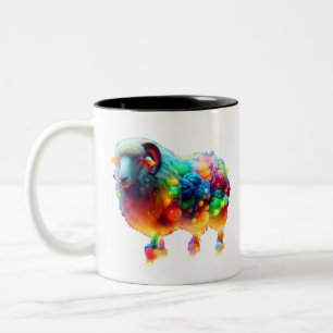 Rainbow Sheep Art – Glowing Colorful Wool, Fantasy Two-Tone Coffee Mug