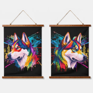 Rainbow Siberian Husky Watercolor Hanging Tapestry