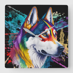 Rainbow Siberian Husky Watercolor Square Wall Clock