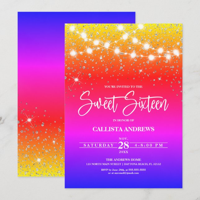 Rainbow Silver Glitter Sparkles Lights Sweet 16 Invitation (Front/Back)