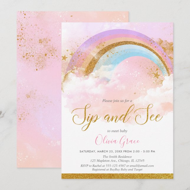 Rainbow sip and see girl pastel pink gold invitation (Front/Back)
