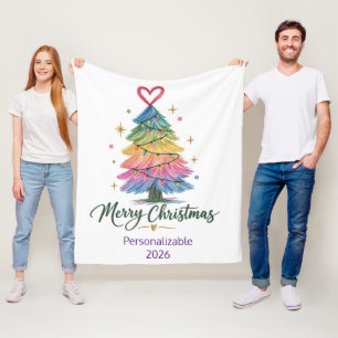 Rainbow Sketched Christmas Tree Fleece Blanket