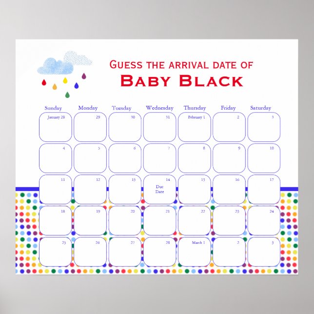 Rainbow Sky Baby Shower Guess The Due Date Poster (Front)