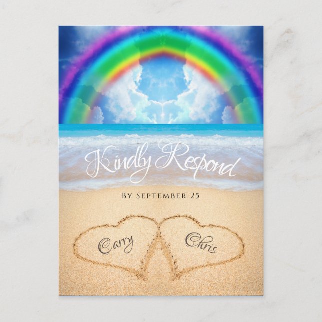 Rainbow Sky Beach Wedding RSVP Postcard (Front)