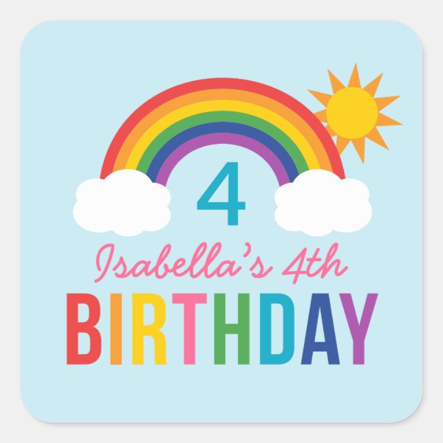 Rainbow Sky Blue Girls Birthday Party Square Sticker (Front)