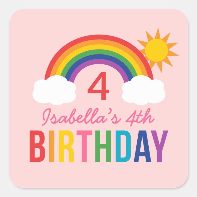 Rainbow Sky Light Pink Girls Birthday Party Square Sticker (Front)