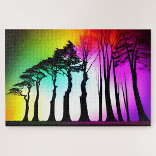 Rainbow Sky Over Black Silhouette Trees Jigsaw Puzzle