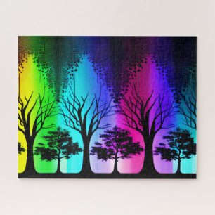 Rainbow Sky Over Black Silhouette Trees Jigsaw Puzzle