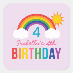 Rainbow Sky Purple Girls Birthday Party Square Sticker