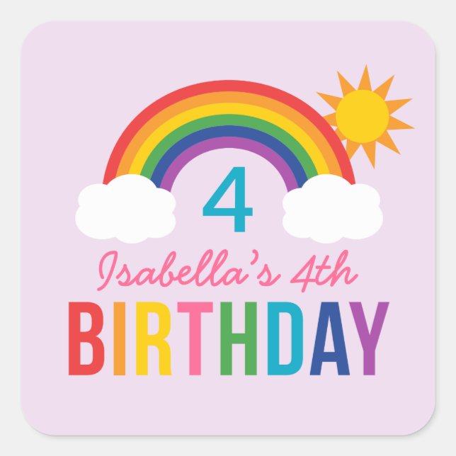 Rainbow Sky Purple Girls Birthday Party Square Sticker (Front)
