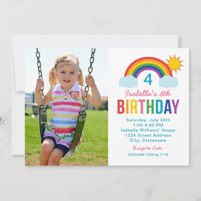 Rainbow Sky White Photo Girls Birthday Party Invitation (Front)