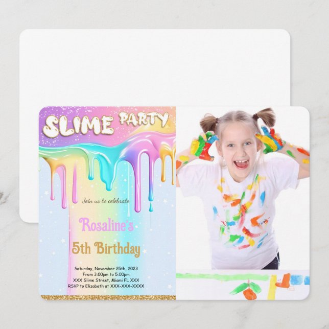 Rainbow Slime Birthday Party Photo Invitation (Front/Back)