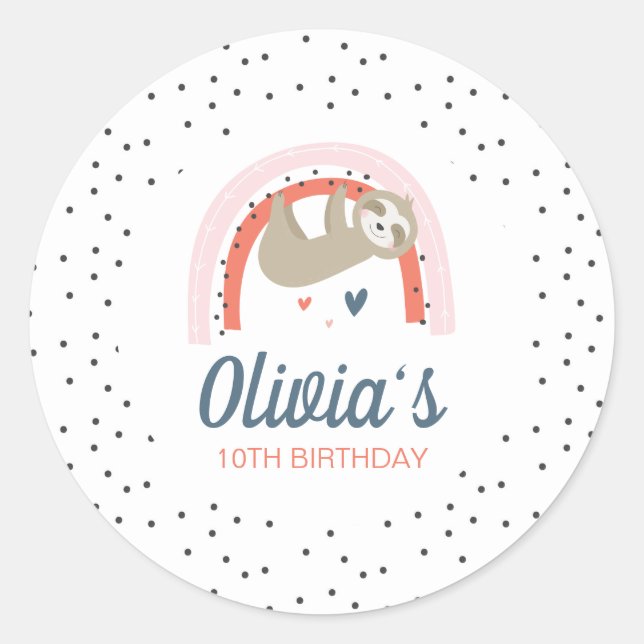 Rainbow Sloth Birthday Party Stickers (Front)