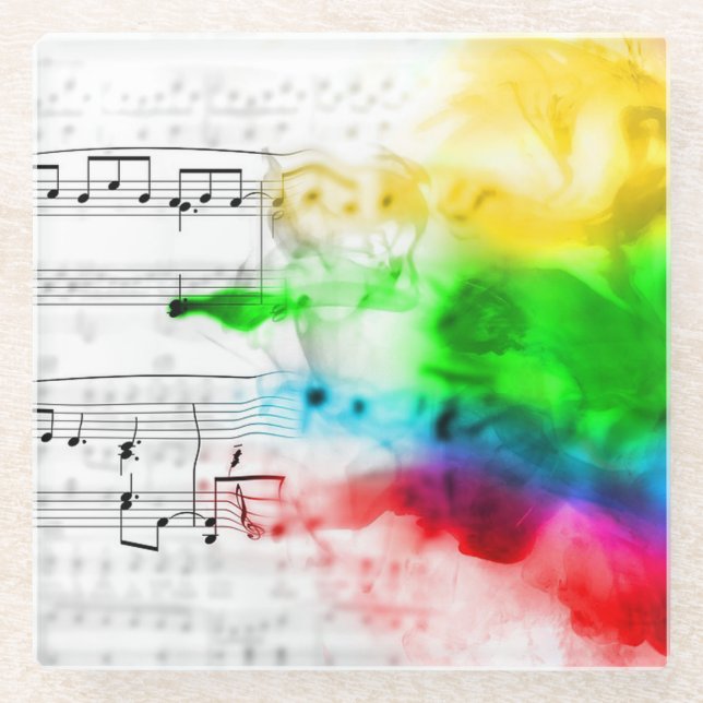 Rainbow Smoke on Music Sheet Glass Coaster (Front)