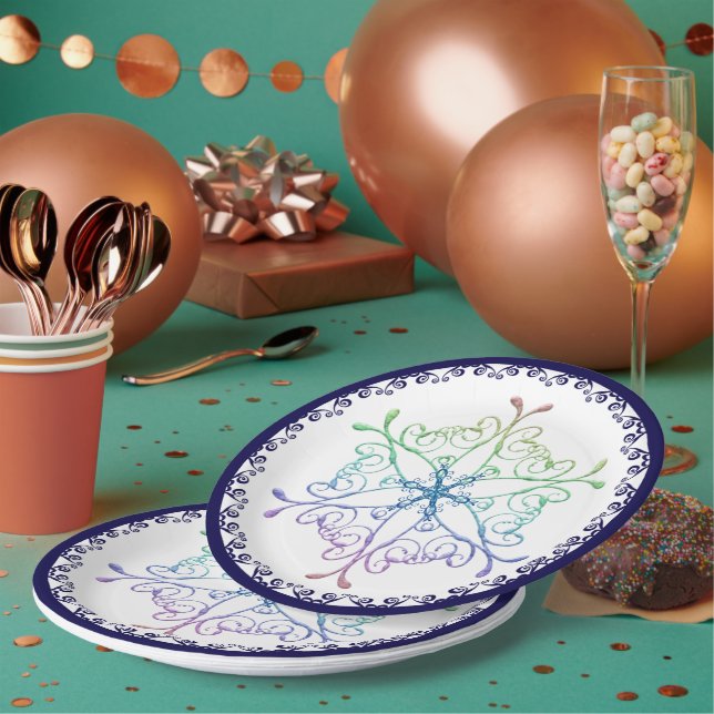 Rainbow Snowflake Blue Trim Holiday Paper Plate (Multi)