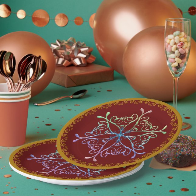 Rainbow Snowflake Gold Trim Holiday Paper Plate (Multi)
