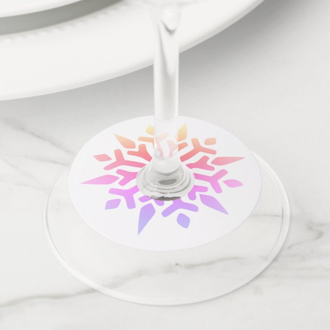 Rainbow Snowflake Round Paper Wine Glass Tag (Close Up)