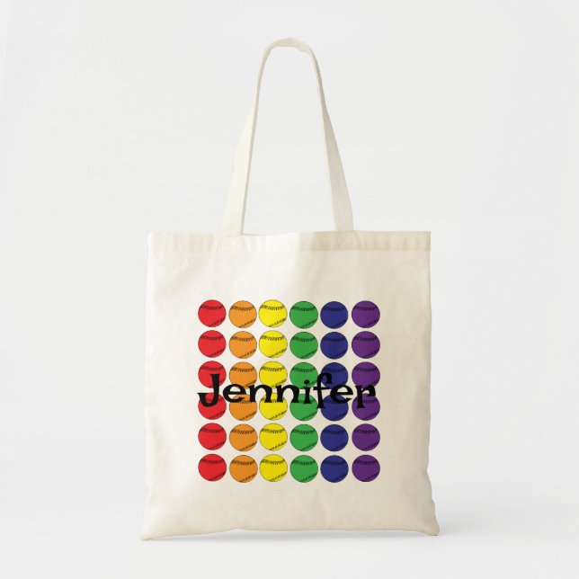Rainbow Softball with Name  Tote Bag (Front)